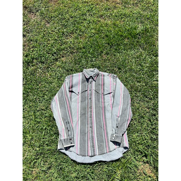 Wrangler Brushpopper Shirt Large Striped Western Rodeo Cowboy Caped Grey Black